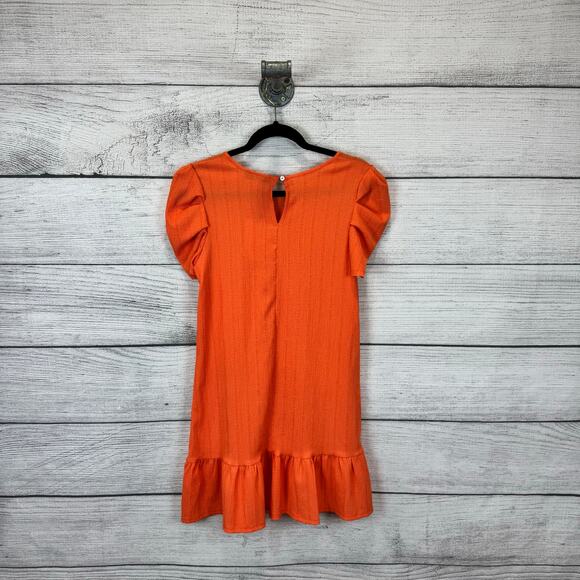 Tattoo Style Women's Orange Textured Puff Sleeve Mini Dress Size Medium - Picture 9 of 9